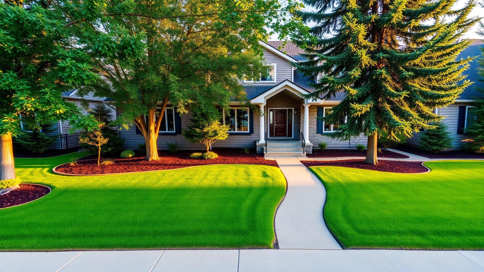 A Calgary home with precision-edged lawn, fresh mulched beds, and a tidy front porch